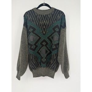 Vintage Oakton Limited Mens Sm Geometri Leather Trim Wool Blend Sweater Italy